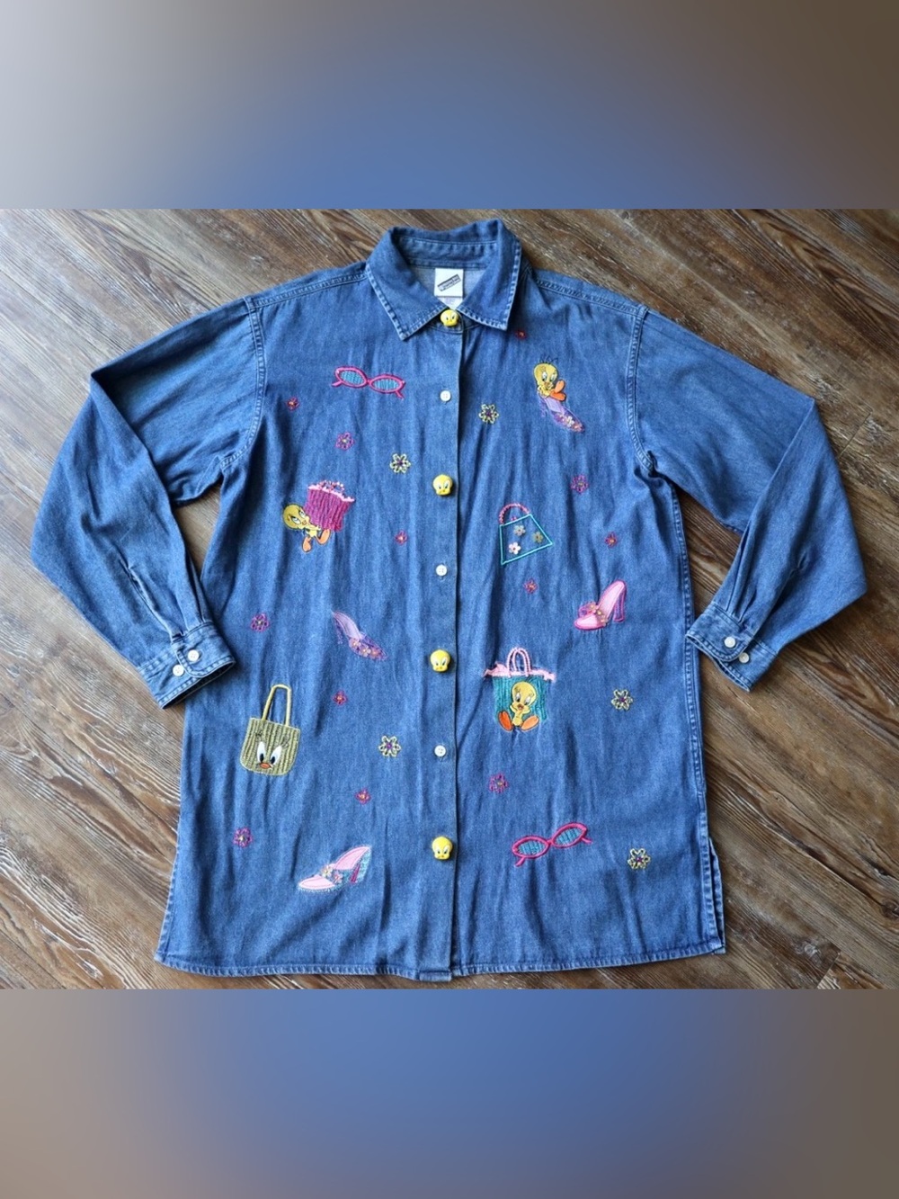 VTG Y2K Warner Bros Tweety Bird Denim Button Up Tunic Shirt Girly Cartoon Small